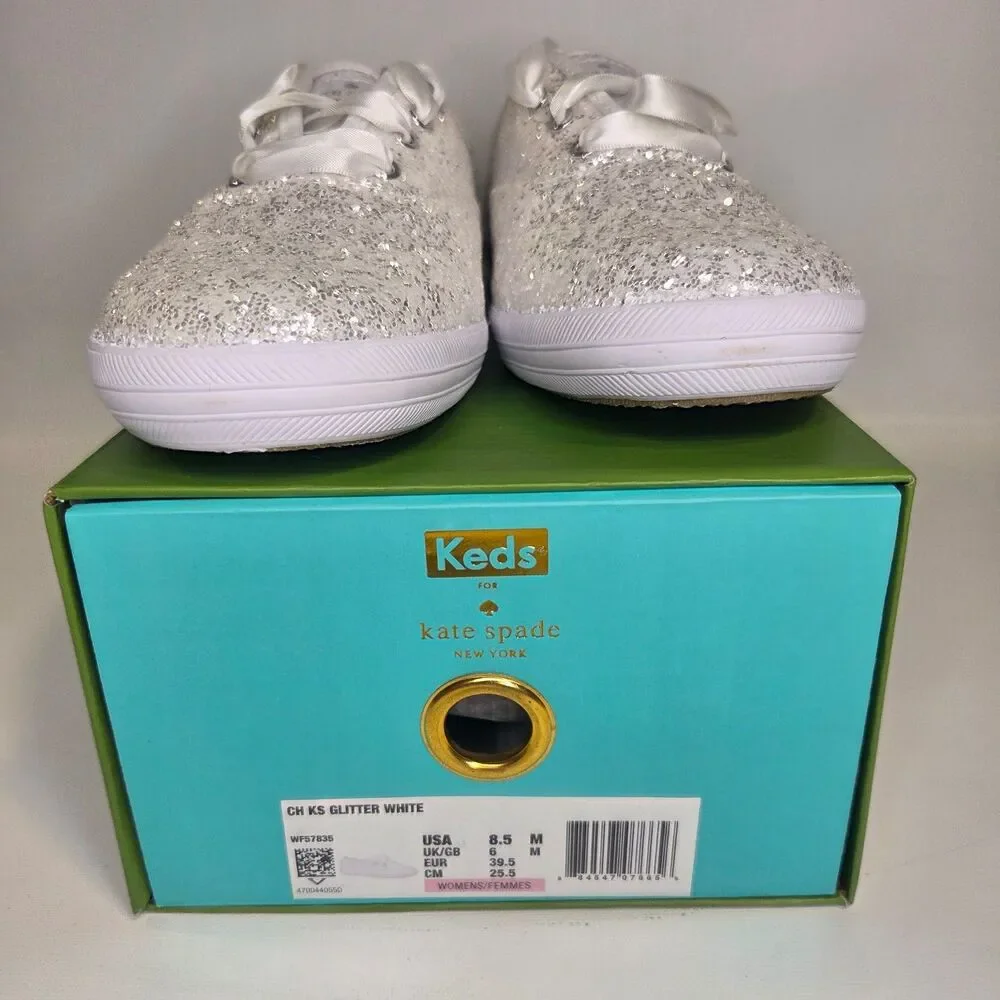Kate Spade x Keds Sneakers White Glitter Low Lace Champion Women's 8.5 NEW